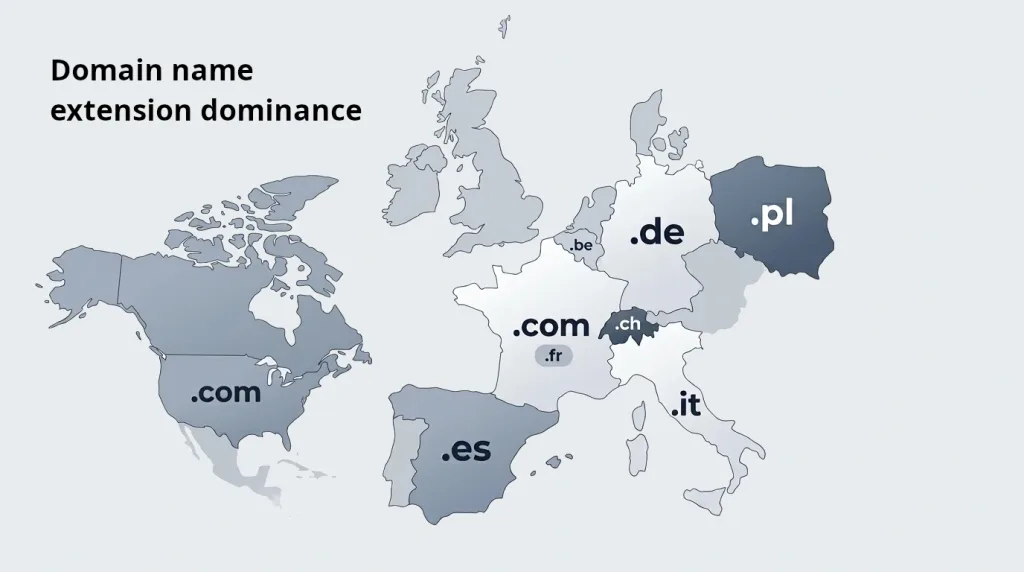 Map of domain extension dominance in North America and Europe